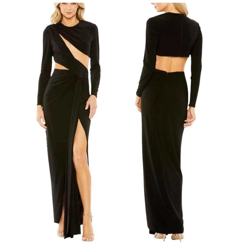 Mac Duggal Ieena NWT Black Long Sleeve Cutout Detail High Slit Jersey Gown Sz 2